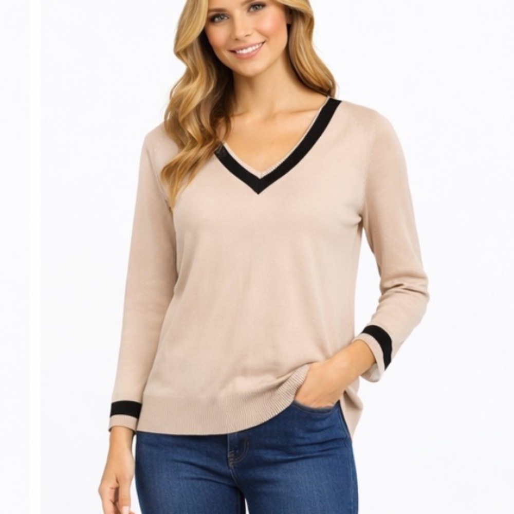 The Loft VNeck Beige & Black Trim Elegant‎ Sweater Size XS